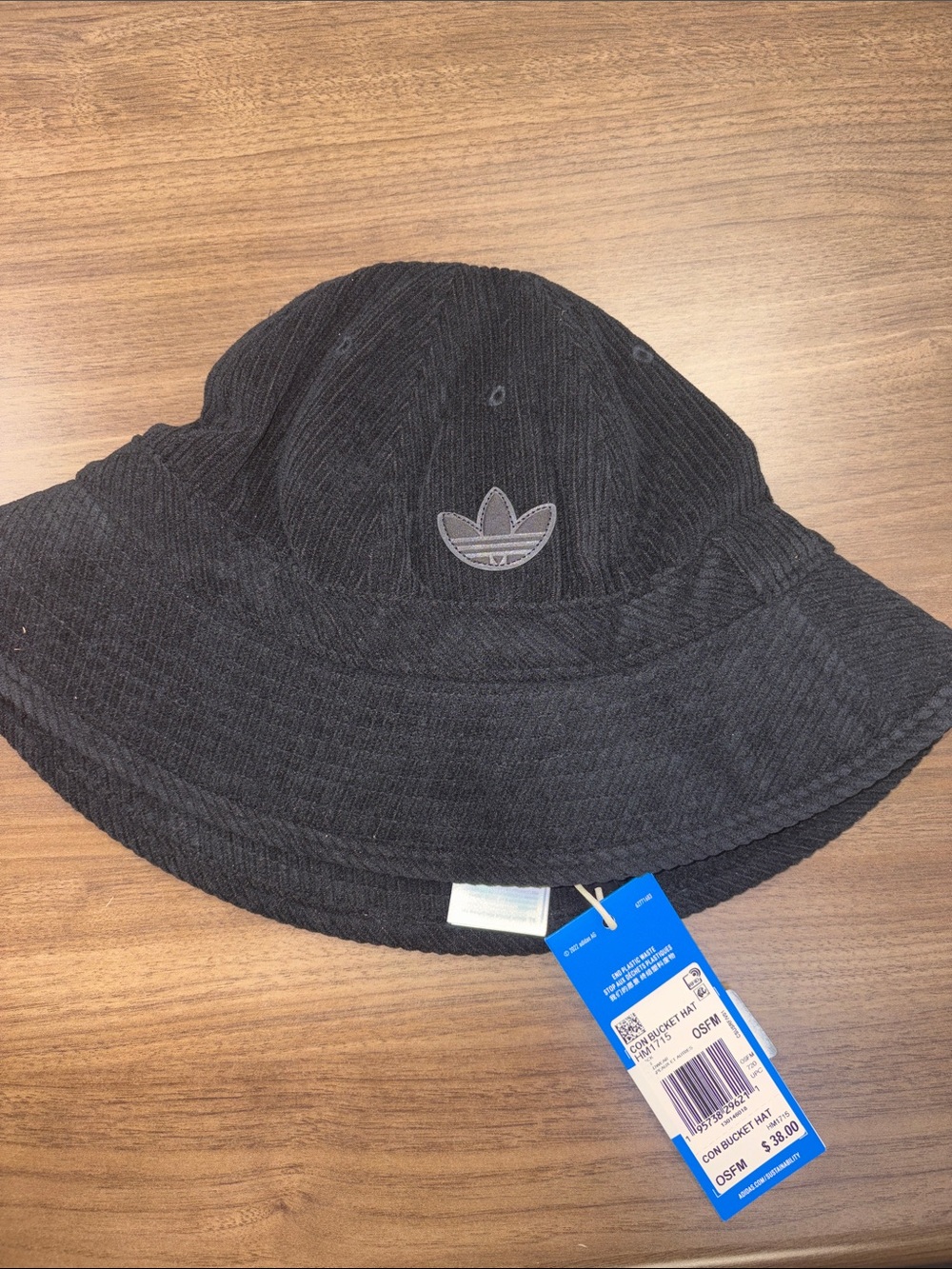 adidas Black Corduroy Trefoil Bucket Hat with Patch Logo